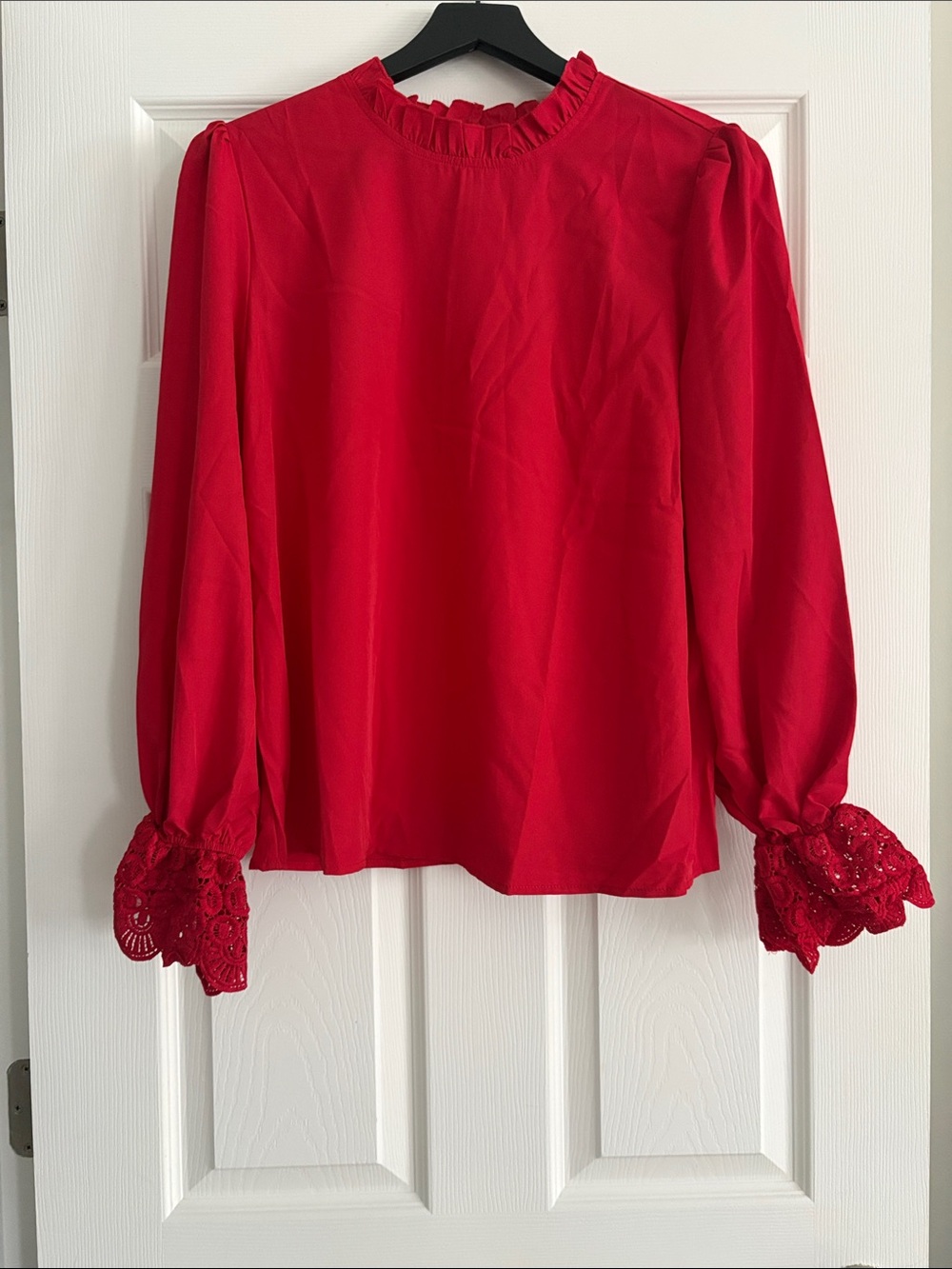 Red Ruffle Neck Blouse with Lace Cuffs